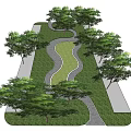 Outdoor Courtyard Garden With Green Lawn Winding Pathway And Trees