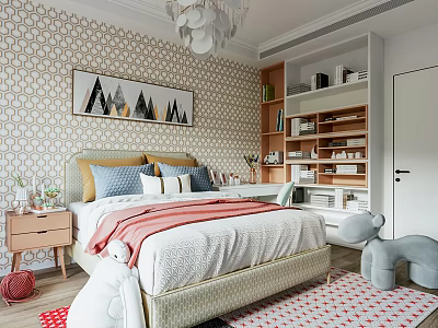 Children's Room Interior Design With Geometric Wallpaper Mountain Painting Bed Pillows Red Blanket And Bookshelf 3d model