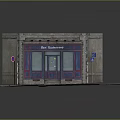 Cartoon Scene Street Corner Bar Restaurant with Stone Building Blue Doors Windows Steps and Stone Pavement
