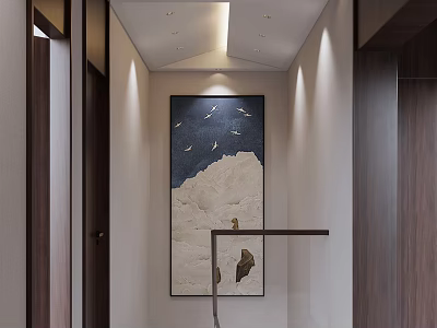 Contemporary Hallway Interior Featuring Blue Seagull Painting Wooden Doors Staircase Handrail And Recessed Lights 3d model