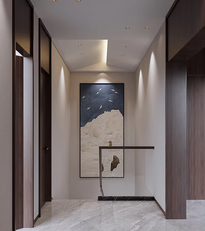 Contemporary Hallway Interior Featuring Blue Seagull Painting Wooden Doors Staircase Handrail And Recessed Lights 3d model