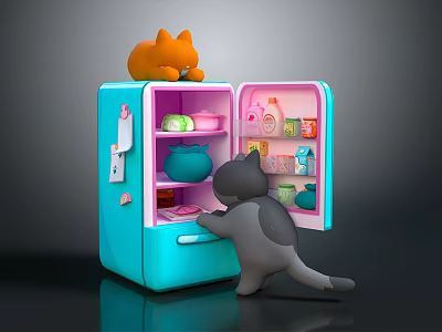 Blue refrigerator open door with items inside orange cat on top gray cat in front 3d model