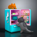 Blue refrigerator open door with items inside orange cat on top gray cat in front