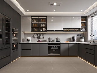 modern kitchen black and white gray enclosed kitchen 3d model