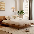 Double Bed Bedroom Interior With Brown Leather Curved Headboard Pillows Striped Quilt And Wooden Floor