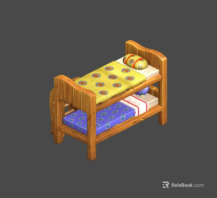 Wooden Bunk Bed with Yellow Bedspread Colorful Patterns Striped Pillow and Blue Bedspread White Designs 3d model 