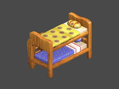 Wooden Bunk Bed with Yellow Bedspread Colorful Patterns Striped Pillow and Blue Bedspread White Designs 3d model