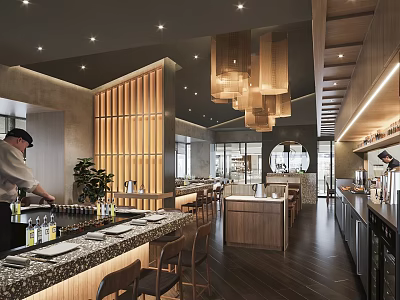 Modern Restaurant Interior With Open Bar Counter Wooden Hanging Lights Chef And Seating Area 3d model