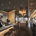Modern Restaurant Interior With Open Bar Counter Wooden Hanging Lights Chef And Seating Area