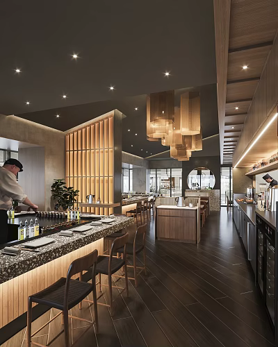 Modern Restaurant Interior With Open Bar Counter Wooden Hanging Lights Chef And Seating Area 3d model