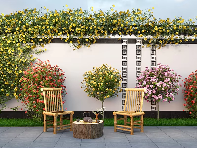 Vibrant Plant Combination Featuring Yellow Flowering Vines Red Pink Shrubs Bamboo Chairs Slate Floor 3d model