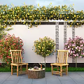 Vibrant Plant Combination Featuring Yellow Flowering Vines Red Pink Shrubs Bamboo Chairs Slate Floor