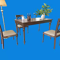 Dark Wooden Dining Table Set with Four Carved Backrest Chairs Potted Plant and Floor Lamp
