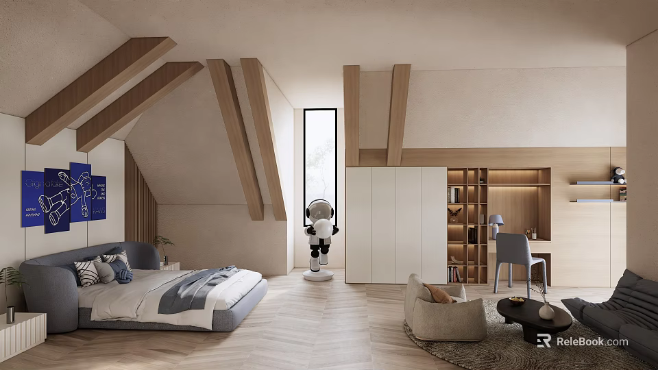 Cozy Attic Bedroom Interior With Sloped Wooden Beams Bed Robot Model And Wardrobe 3d model 