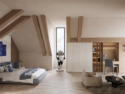 Cozy Attic Bedroom Interior With Sloped Wooden Beams Bed Robot Model And Wardrobe 3d model