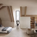 Cozy Attic Bedroom Interior With Sloped Wooden Beams Bed Robot Model And Wardrobe