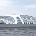 Modern Large White Arched Building With Glass Curtain Walls And Water Reflection Under Blue Sky