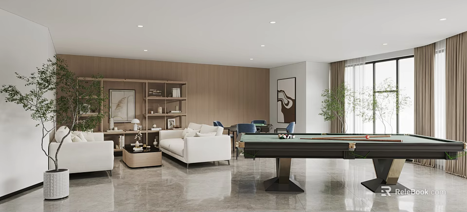 Modern Recreational Room Interior With Sofa And Billiard Table 3d model