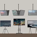 Multiple Modern TVs on Tripod and Floor Stands Displaying Various Screen Content 3d model