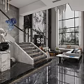 Duplex Living Room Interior Design With Marble Wall Staircase Gray Brown Sofa And Large Windows