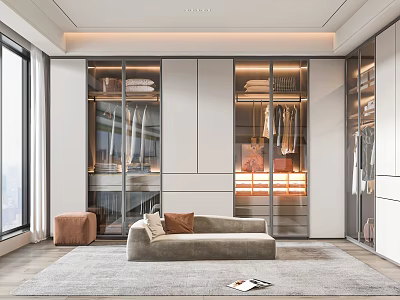 Modern Walk in Closet With Glass Doors And Cozy Sofa 3d model