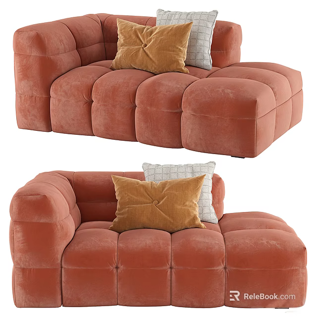 Modern Cube Design Coral Velvet Single Sofa Interior With Orange And Patterned White Pillows 3d model