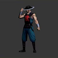 Man In Martial Arts Costume With Wide Brimmed Hat Red Symbol And Blue Pants