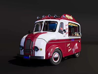 Red And White Ice Cream Truck With Decorative Lights And Open Side Door For Selling 3d model