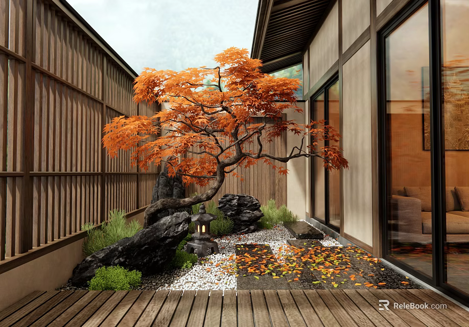 Japanese Style Courtyard Garden With Orange Maple Tree Stones Lantern Pebble Path And Wooden Deck 3d model 