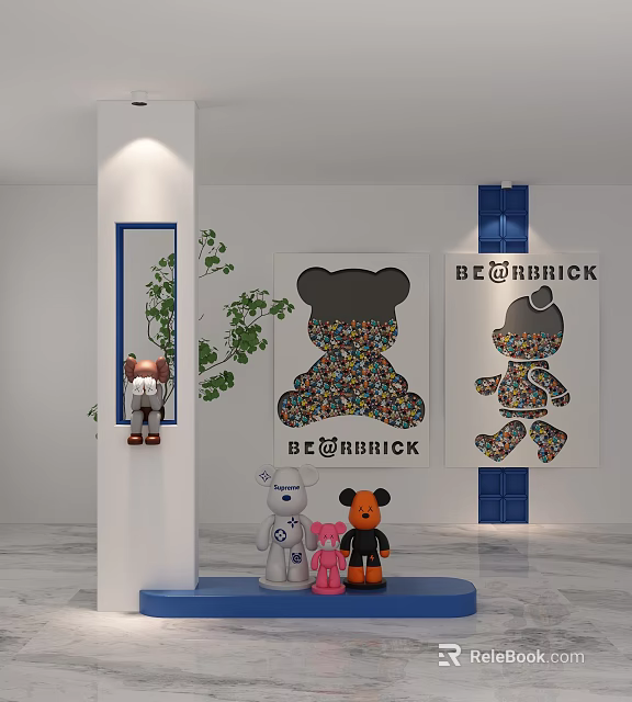 BE@RBRICK Store Interior With Various Collectible Figures Colorful Posters And Green Plants Decor 3d model 