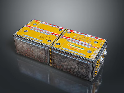 Industrial Equipment Box With Yellow Silver Exterior And Warning Stripes Control Panels 3d model