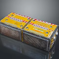 Industrial Equipment Box With Yellow Silver Exterior And Warning Stripes Control Panels