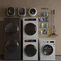 Black and White Front Loading Washing Machines with Stackable Design and Storage Rack for Detergent 3d model