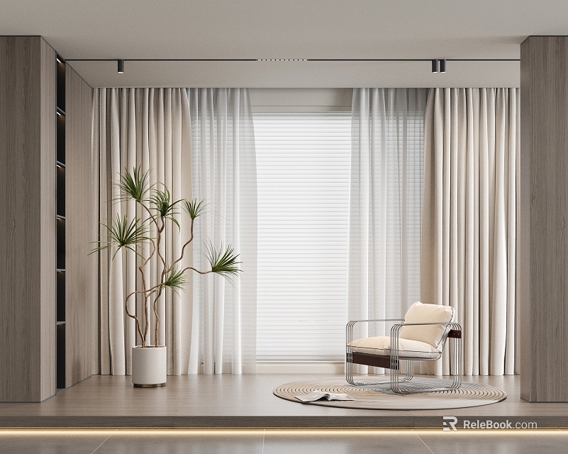 Beige Curtains With White Blinds In Modern Room With Green Plant And Transparent Chair 3d model 