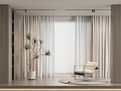 Beige Curtains With White Blinds In Modern Room With Green Plant And Transparent Chair 3d model