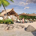 Tropical Beach Scenery With Palm Trees Tents Loungers And People On Sandy Shore