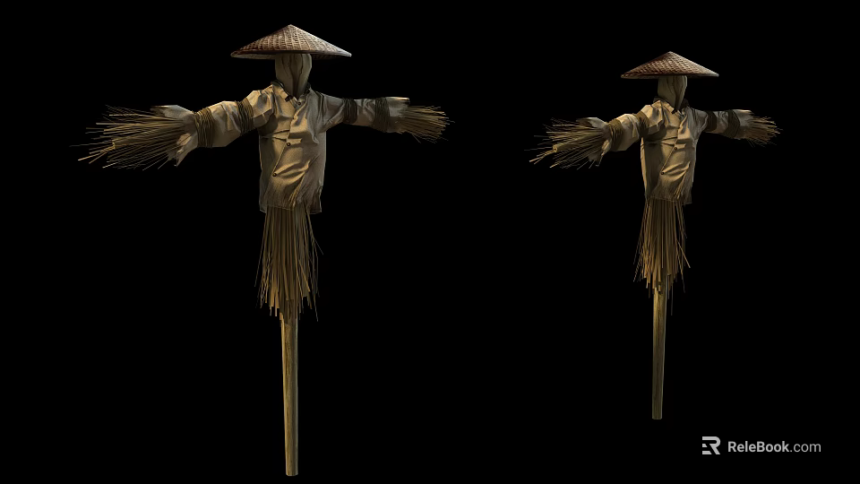 Two Traditional Scarecrows With Conical Hats And Straw Arms On Black Background 3d model 