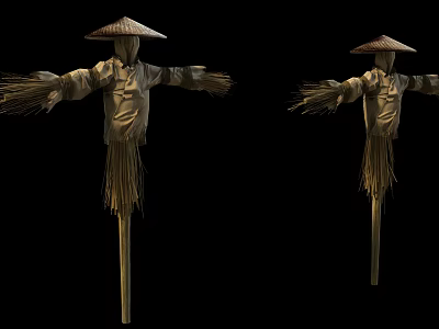 Two Traditional Scarecrows With Conical Hats And Straw Arms On Black Background 3d model