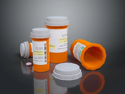 Orange Prescription Bottles With White Caps And Labels Standing Overturned On Dark Surface 3d model