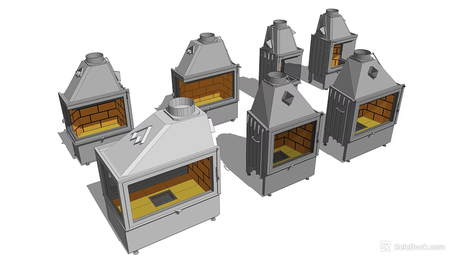 Various Fireplace Models With Metal Frames Brick Interiors And Chimney Structures 3d model 