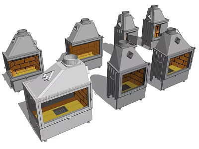 Various Fireplace Models With Metal Frames Brick Interiors And Chimney Structures 3d model