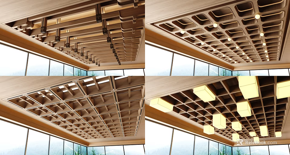 Modern Wooden Ceiling Design With Grid Pattern And Recessed Lighting Near Large Windows 3d model