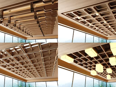 Modern Wooden Ceiling Design With Grid Pattern And Recessed Lighting Near Large Windows 3d model