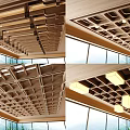 Modern Wooden Ceiling Design With Grid Pattern And Recessed Lighting Near Large Windows 3d model