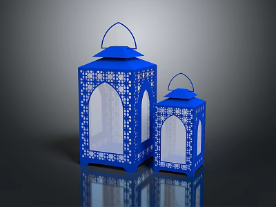 Blue Decorative Lanterns With Laser Cut Patterns In Two Sizes For Home Decor 3d model