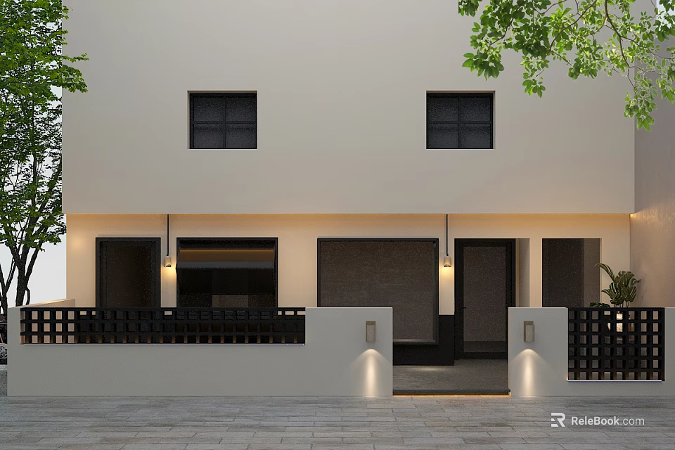 Modern Storefront Facade Design With White Walls Black Windows Entrance Lighting And Plants 3d model 