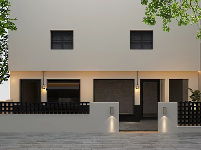 Modern Storefront Facade Design With White Walls Black Windows Entrance Lighting And Plants 3d model