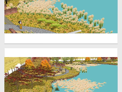 Scenic Waterside Landscape With Path Autumn Trees Benches And Pond Reeds 3d model
