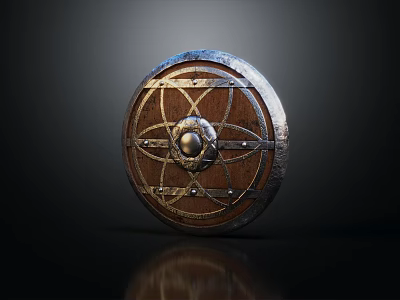 Medieval Style Wooden Shield With Metal Rim Decorative Patterns And Central Boss 3d model