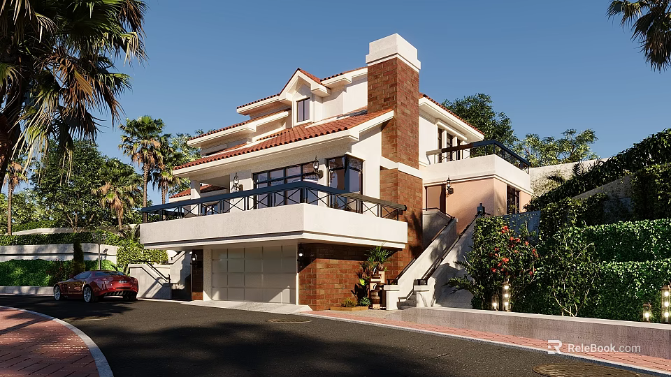 Detached Villa Exterior Featuring Red Tile Roof Chimney Balcony Garage Green Plants And Palm Trees 3d model 